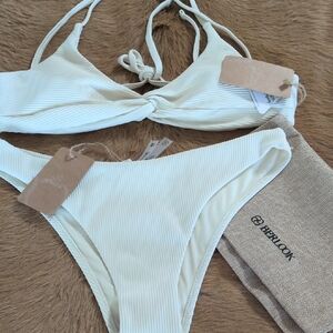 Berlook Cream Ribbed Twist-Front Bikini Set - Women Swim